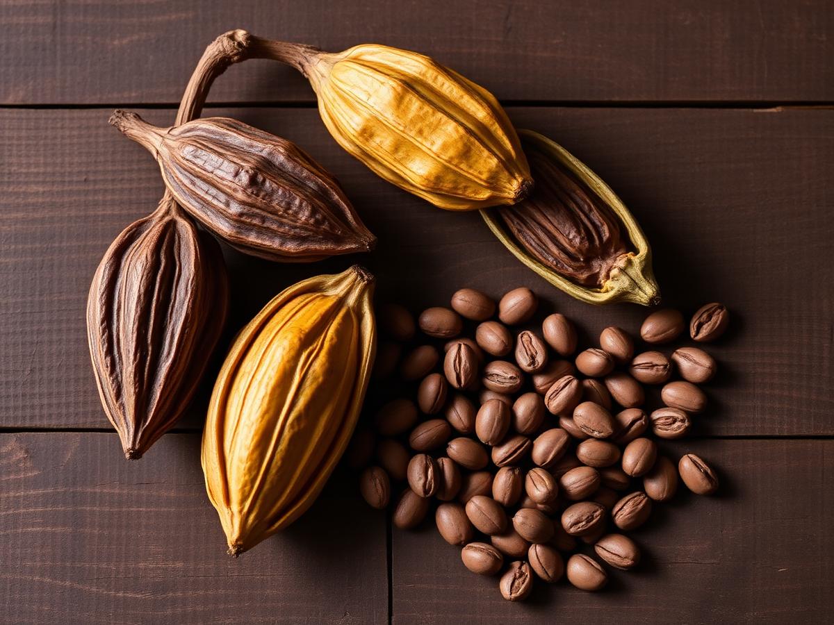 Cacao pods and raw cacao beans arranged on dark timber