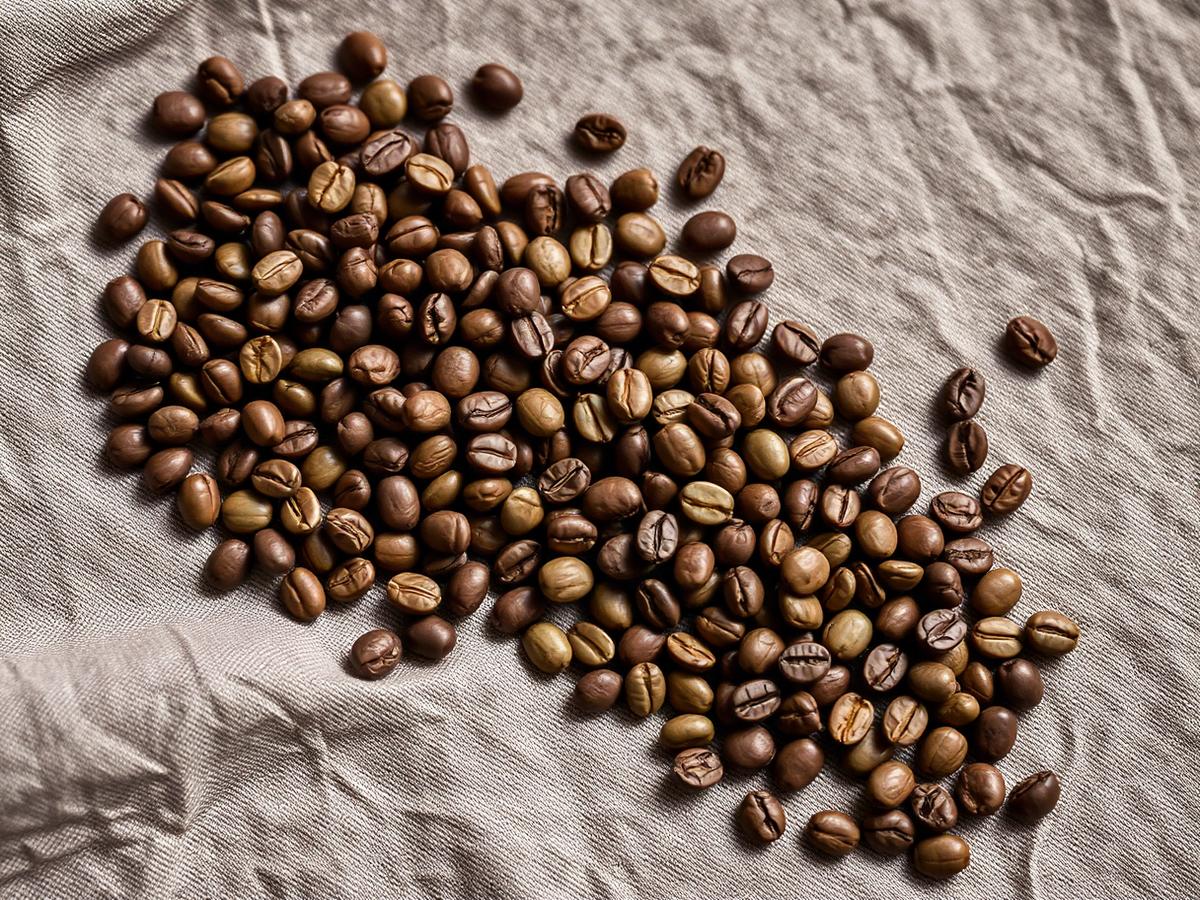 Green and roasted coffee beans spread across natural linen