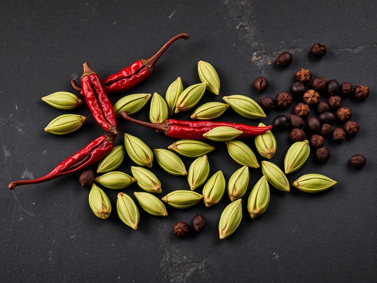 Green cardamom pods, dried red chillies and black peppercorns on dark stone