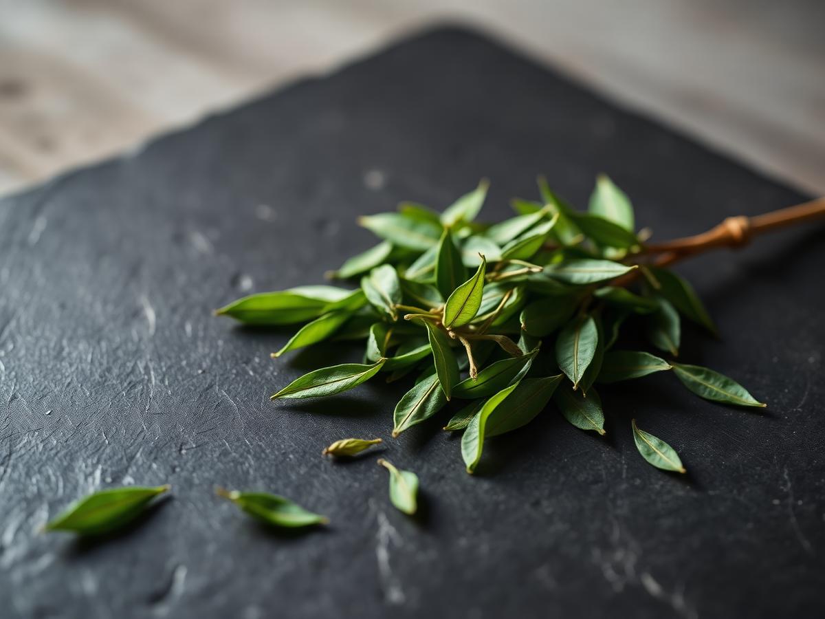 Fresh green tea leaves resting on dark slate